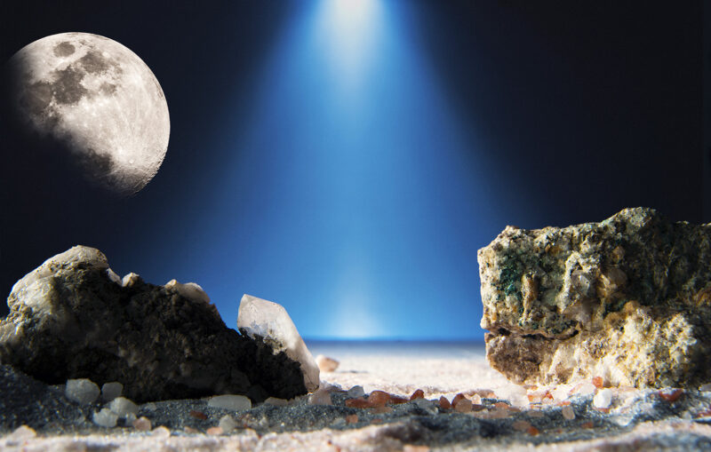 Altri mondi – fantasy lunar landscape with rocks and moon in the sky
